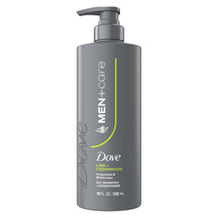 Dove Men+Care limf3n y cedro, dos en uno, frasco delantero mostrando producto