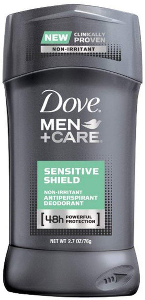 Dove Men+Care Sensitive Shield desodorante axilar, protección suave para piel sensible en uso diario.