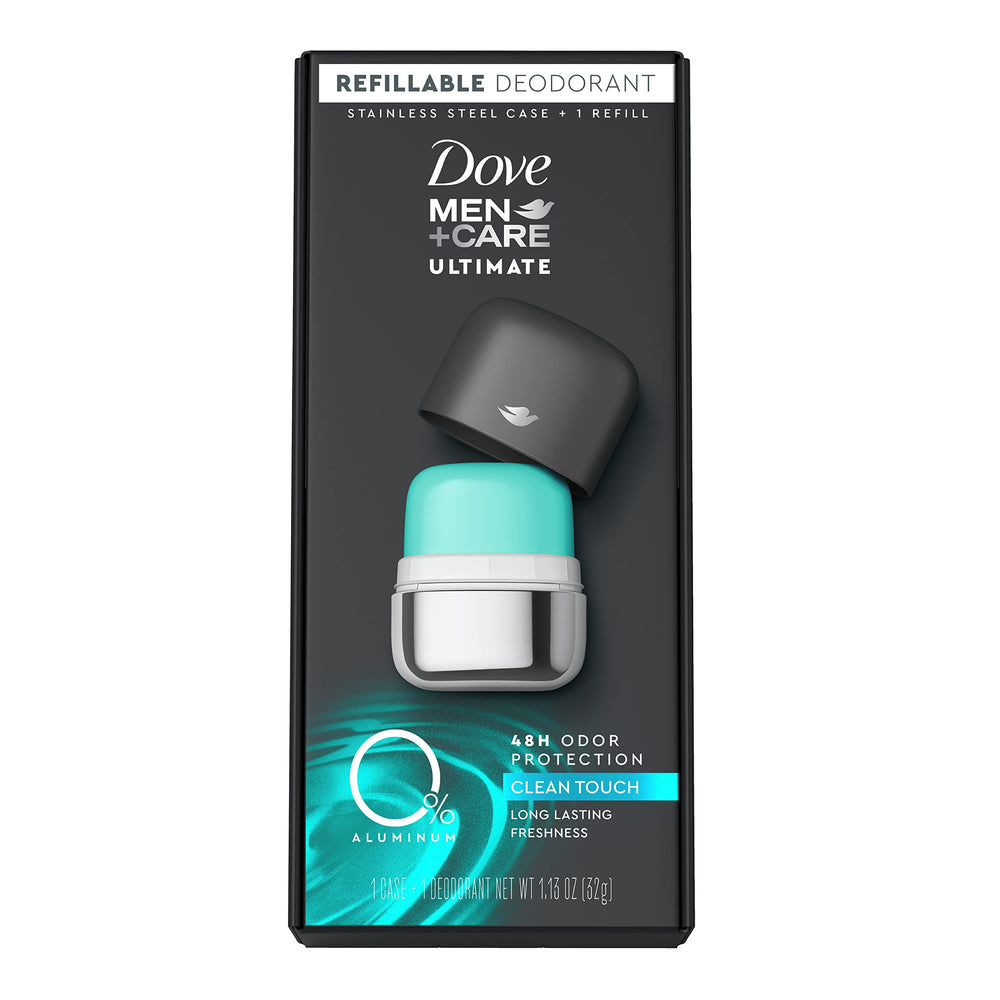 DOVE MEN + CARE: estuche de acero inoxidable para desodorante reutilizable y frescura sostenida.