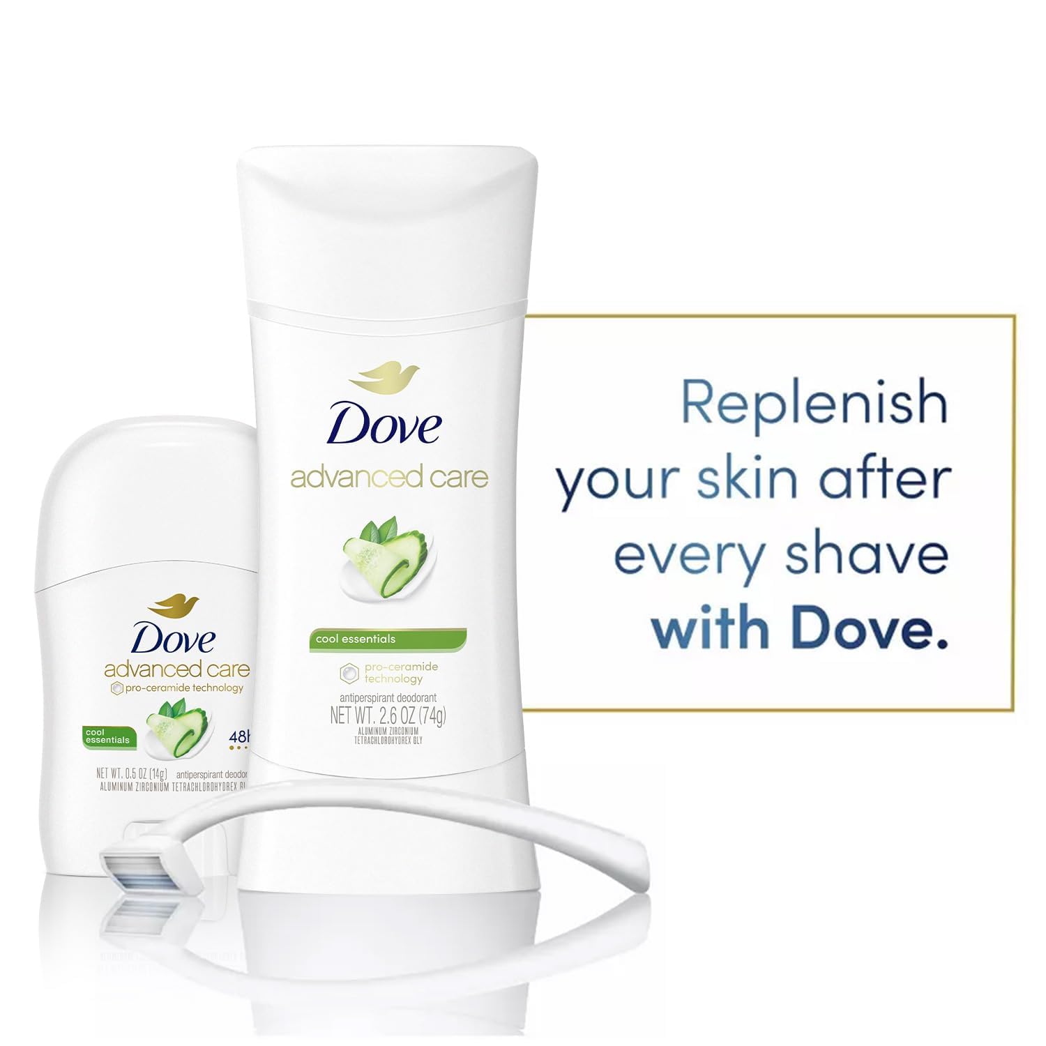Dove Pro-Ceramide hidrata y suaviza la piel.