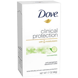 Desodorante Dove Protección Clínica Esenciales Refrescantes, botella, protección duradera para el día.