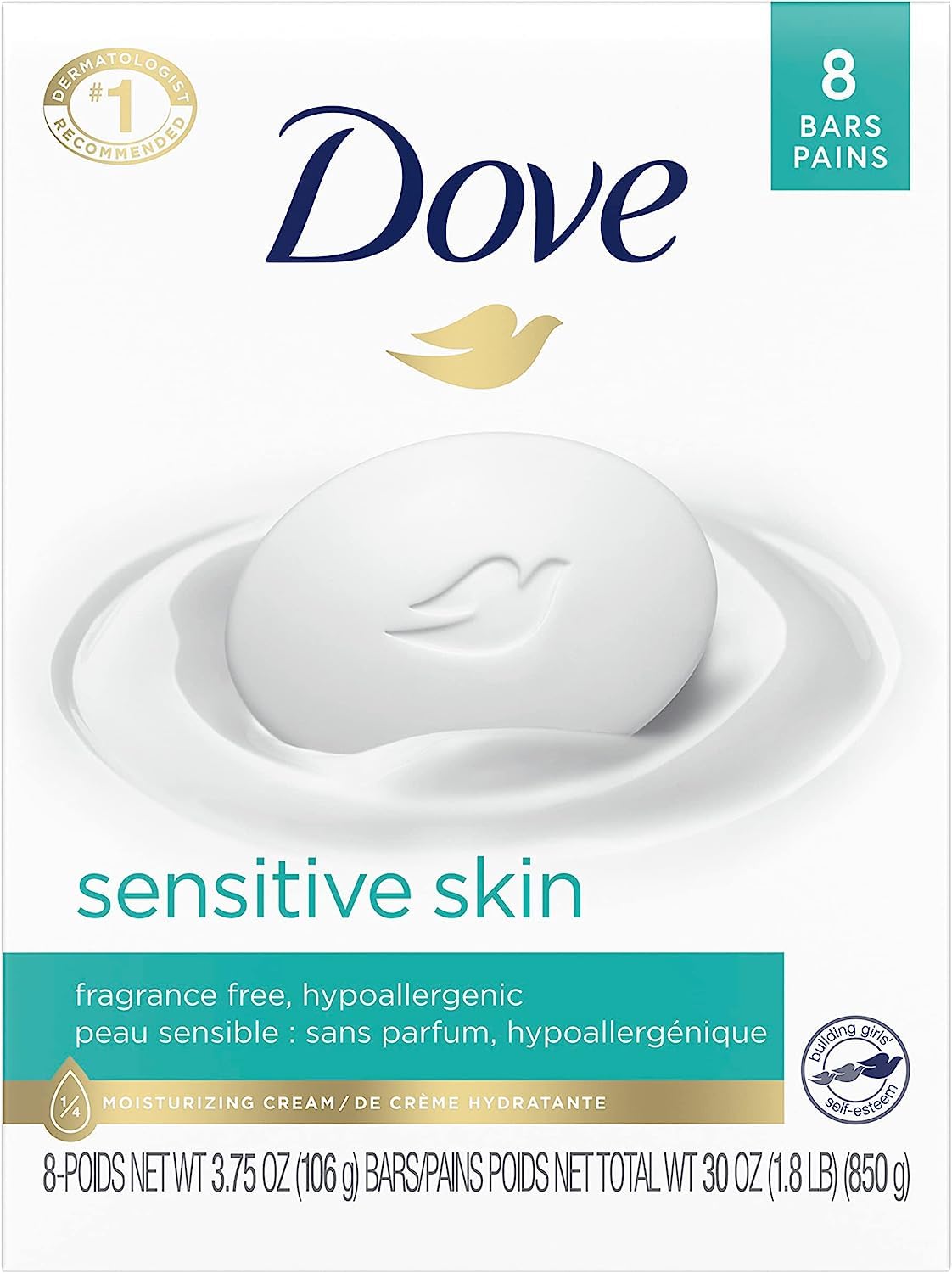 Dove barra sin perfume para piel sensible, ideal para uso diario.