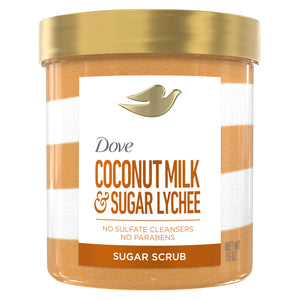 Dove exfoliante de azúcar coco y lichi en pote, exfoliación suave para piel radiante.