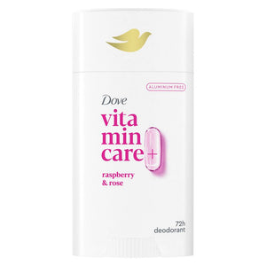 Dove VitaminCare+ desodorante sin aluminio frambuesa y rosa, protección duradera.