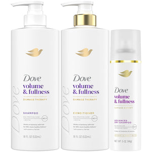 Este Dove champú-set 18oz ofrece volumen y plenitud para cabellos finos.