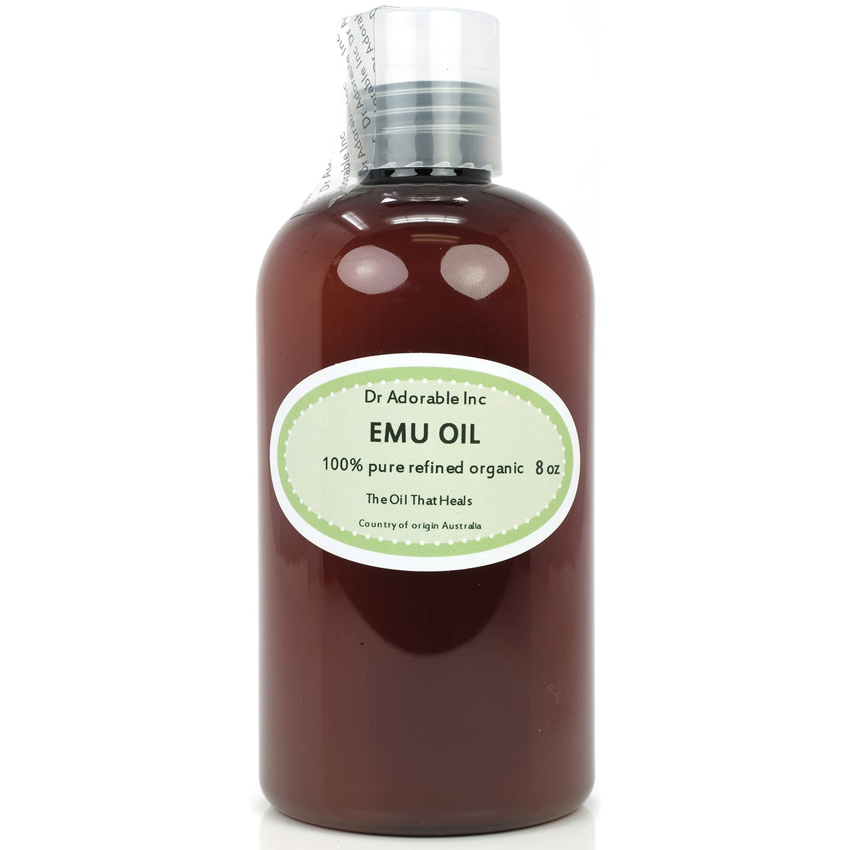 Dr Adorable Aceite de Emú australiano refinado en botella, ideal para cuidado diario.