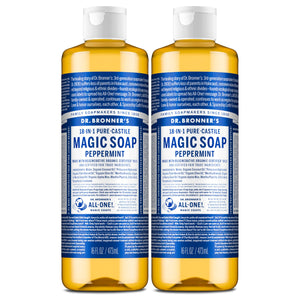 Dr. Bronner’s jabón castile menta, botella doble para uso diario en cuerpo y manos.