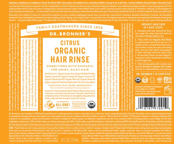 Dr. Bronner's Enjuague Capilar Citrus Naranja, aplicación suave para brillo natural y manejabilidad.