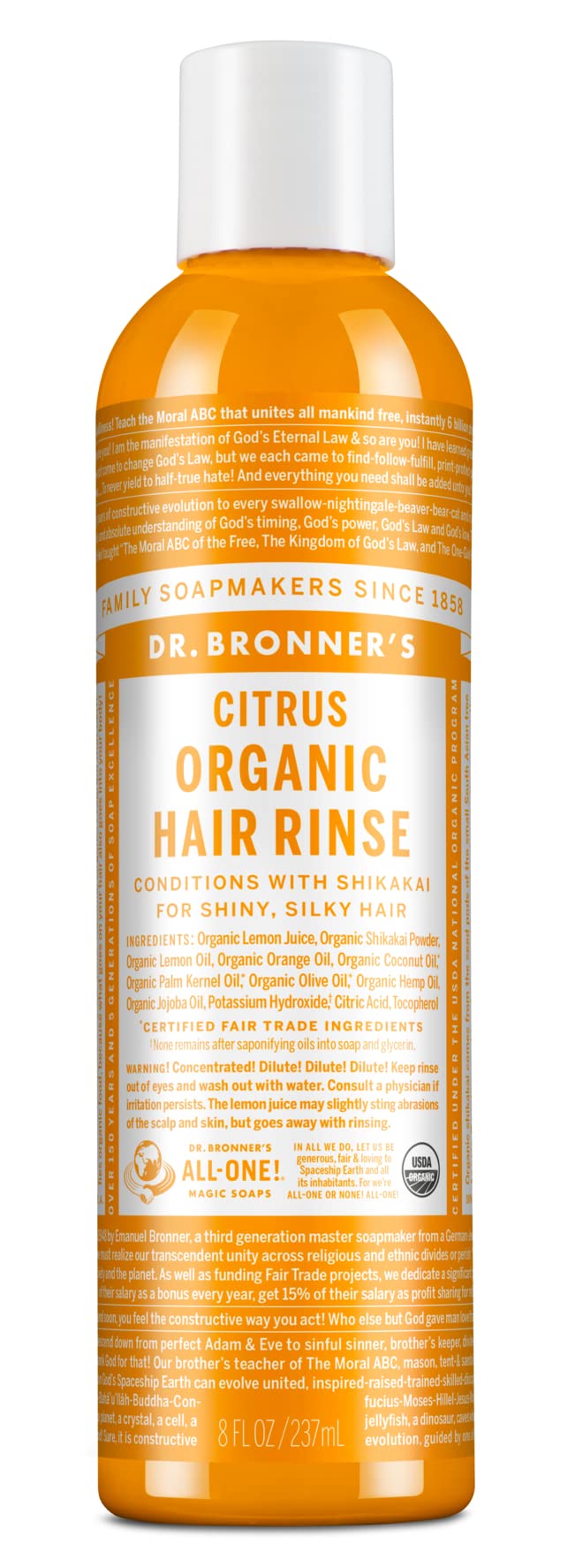 Dr. Bronner's Enjuague Capilar Citrus Naranja, etiqueta visible, cuidado ligero para el cabello.