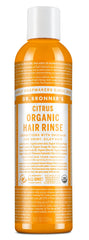 Dr. Bronner's Enjuague Capilar Citrus Naranja, etiqueta visible, cuidado ligero para el cabello.