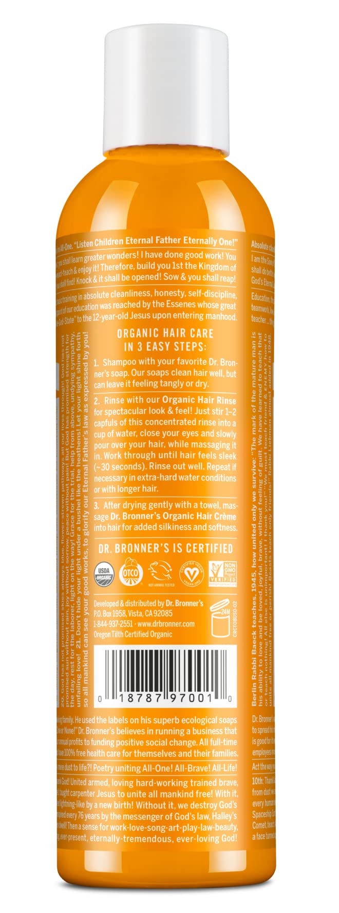 Dr. Bronner's Enjuague Capilar Citrus Naranja, textura suave que facilita peinar sin peso.