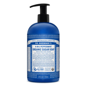 Dr. Bronner's Jabón de azúcar menta en botella, aroma fresco para el baño diario.