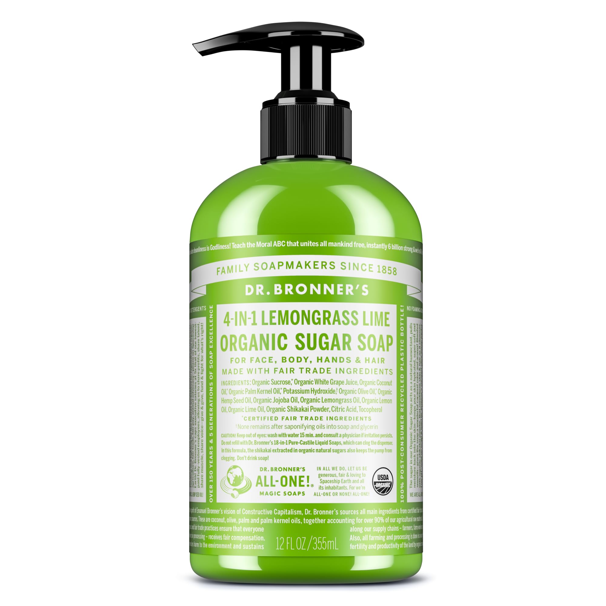 Dr. Bronner's jabón azúcar orgánico hierba limón, bote: limpieza suave para piel sensible
