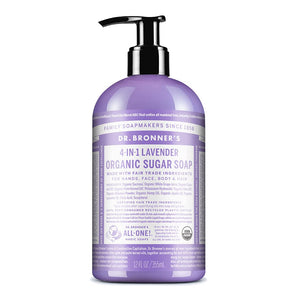 Dr. Bronner's Jabón de azúcar orgánico lavanda, botella visible, aroma relajante para piel suave.