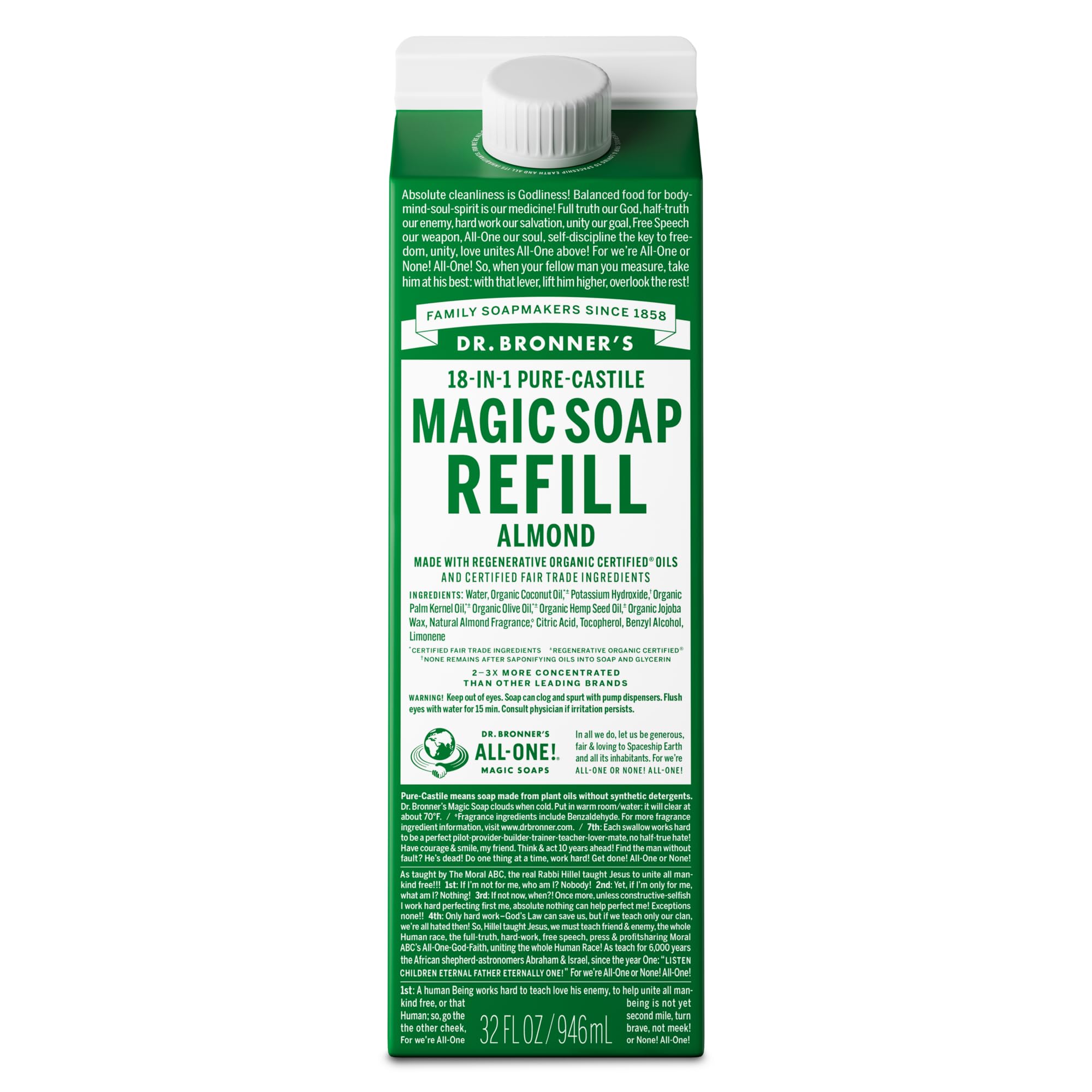 Dr. Bronner’s Jabón Castile Puro en recarga cartón, reduce plástico y cuida la piel.