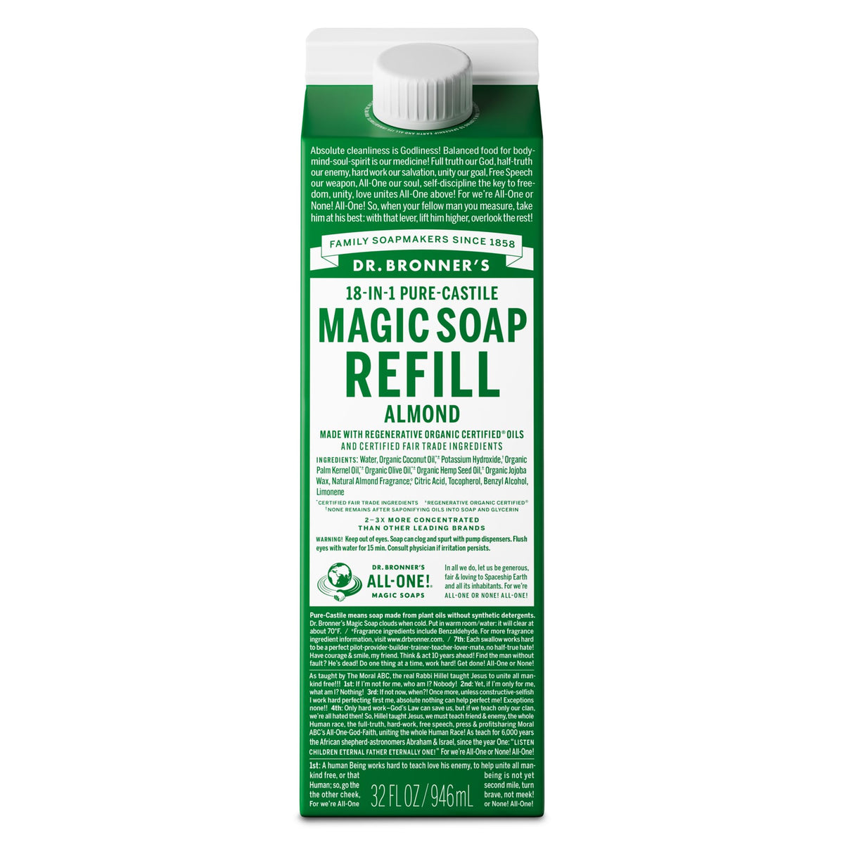 Dr. Bronner’s Jabón Castile Puro en recarga cartón, reduce plástico y cuida la piel.