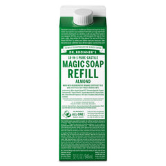 Dr. Bronner’s Jabón Castile Puro en recarga cartón, reduce plástico y cuida la piel.