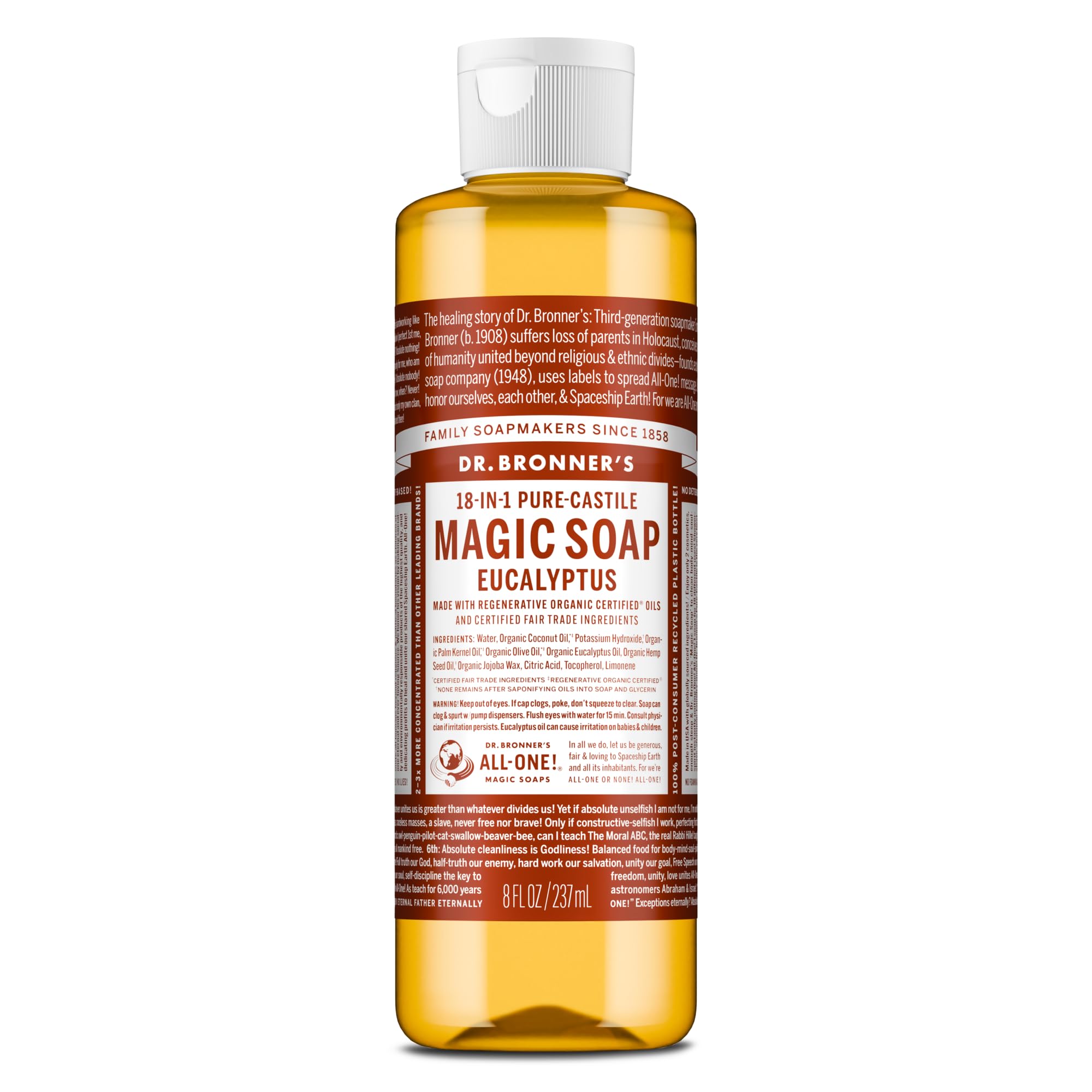 Dr. Bronner's jabon líquido de eucalipto en botella para uso diario suave.