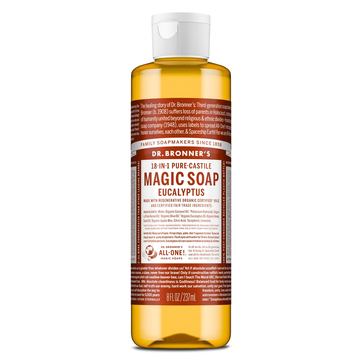 Dr. Bronner's jabon líquido de eucalipto en botella para uso diario suave.