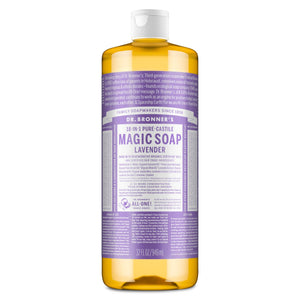 Dr. Bronner's Jabón líquido Castile Lavanda, botella, uso versátil para casa.