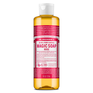 Jabón líquido Dr. Bronner's Castile Rosa con espuma abundante y aroma suave.