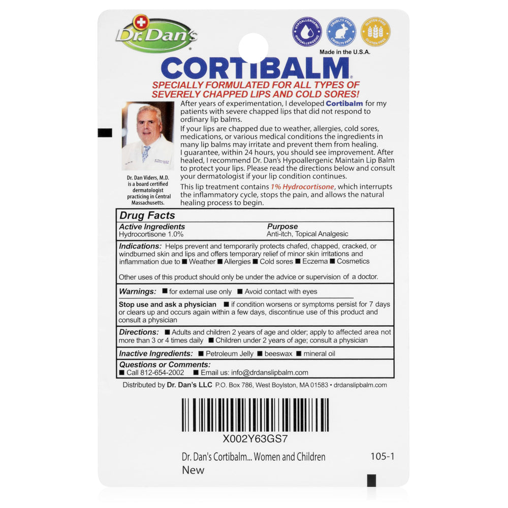 Envase frontal de Dr. Dan's Cortibalm para labios, textura suave.