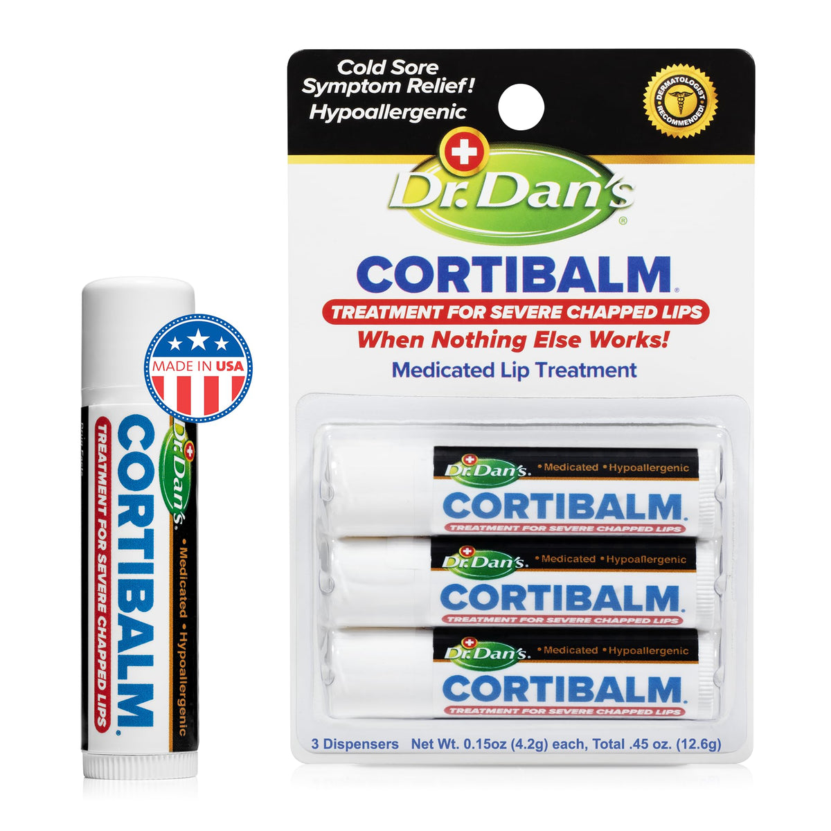 Dr. Dan's Cortibalm en uso diario para labios secos y agrietados.