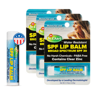 Dr. Dan's SPF30 bálsamo labial mineral en tubo compacto para uso diario.