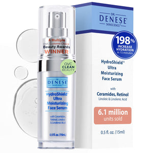 Dr. Denese HydroShield Serum, envase mini, hidratación profunda para piel sedosa en viaje.