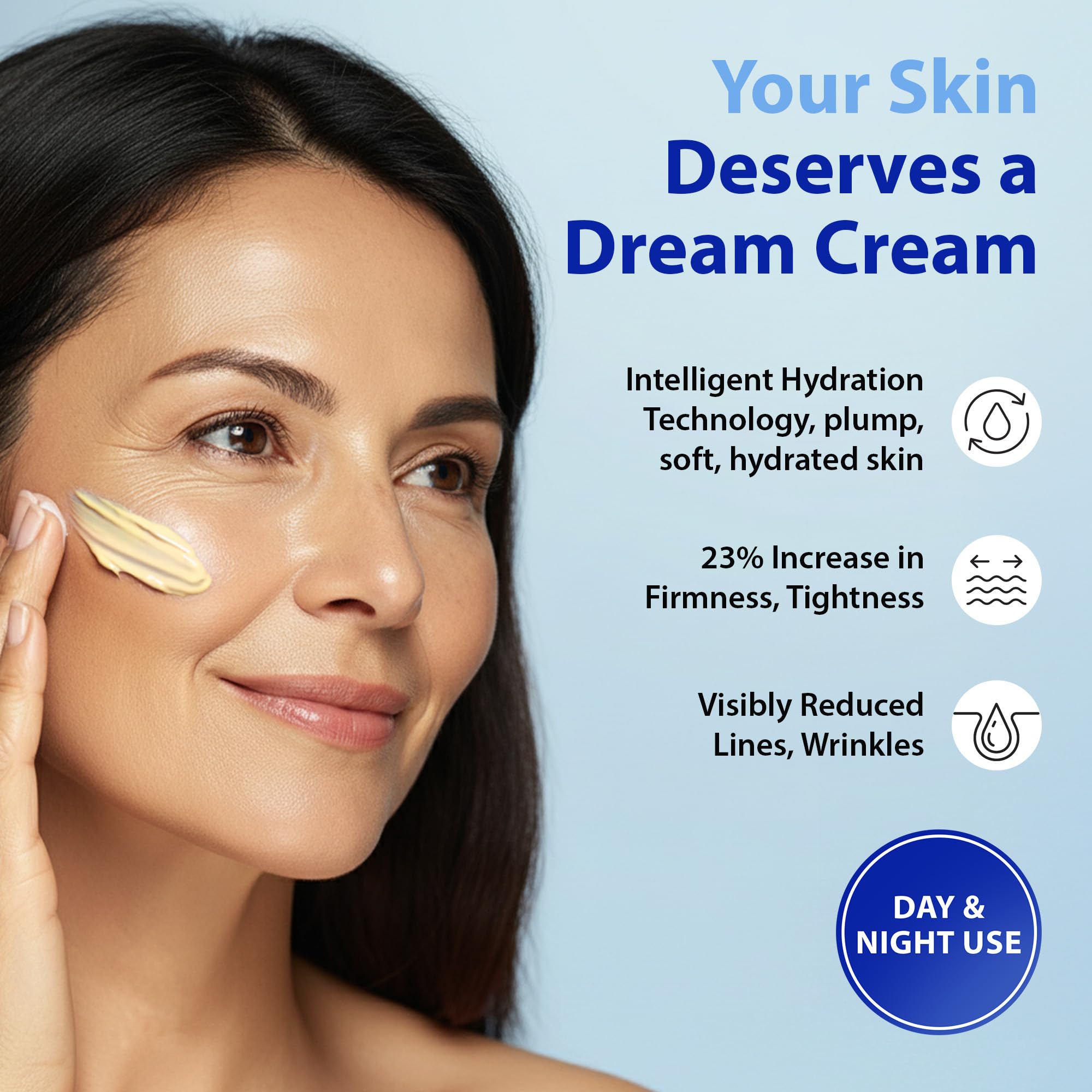 Dr. Denese HydroShield Dream Cream, textura ligera para uso diario y maquillaje suave.