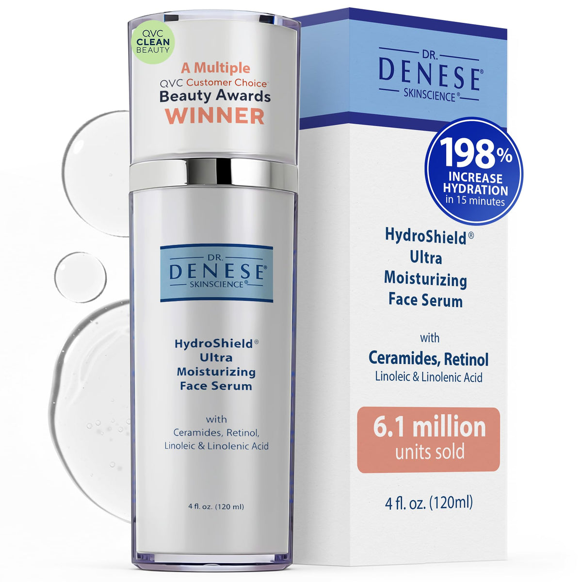 Dr. Denese HydroShield Serum botella visible, hidratación profunda para piel seca.