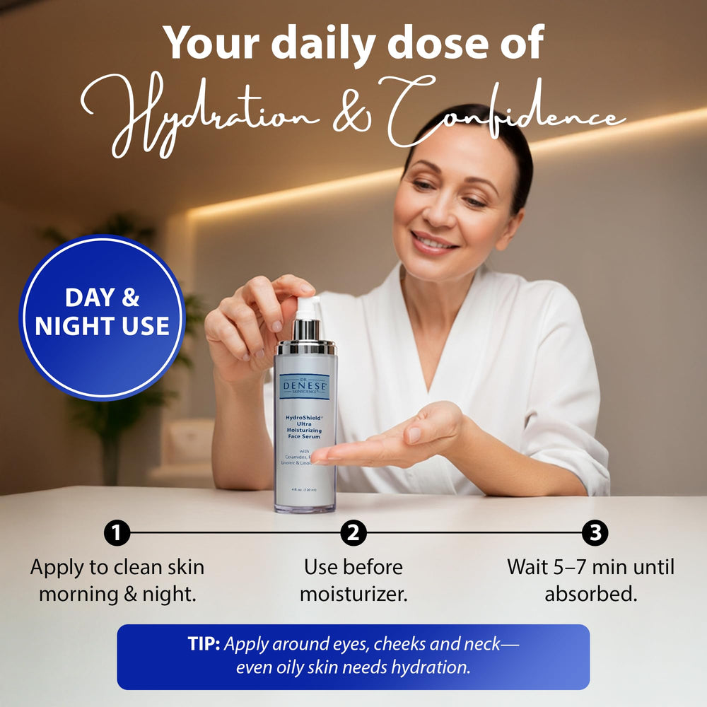 Dr. Denese HydroShield Serum textura ligera y rápida absorción lista para maquillaje.