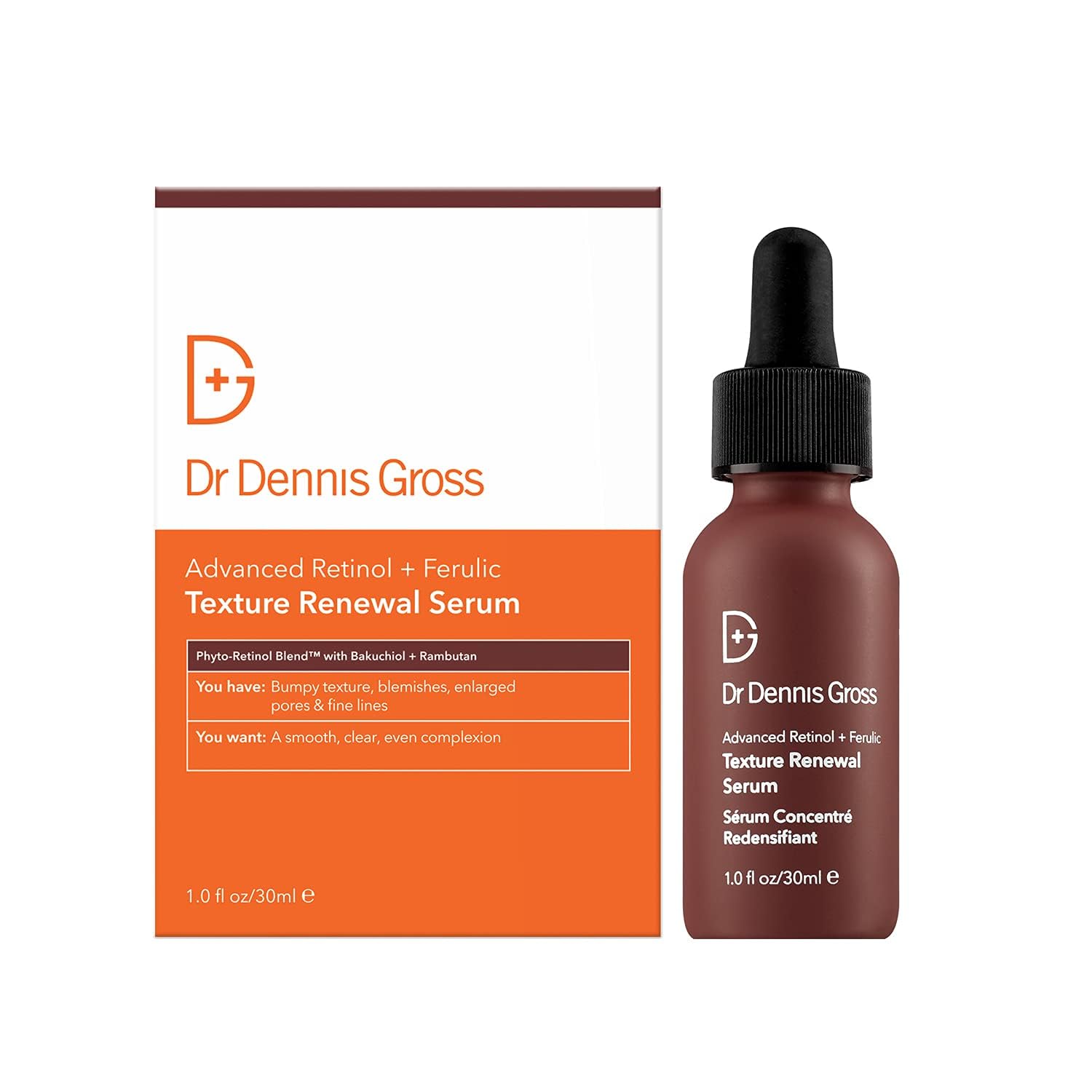 Dr Dennis Gross Advanced Retinol + Ferulic Serum, botella-vertido mejora la textura de la piel.