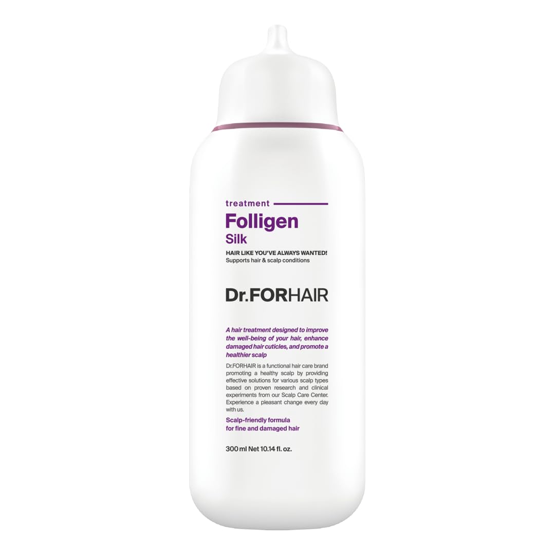  DR.FORHAIR Folligen Silk Treatment botella en primer plano, empaque elegante y cuidado suave para el cabello