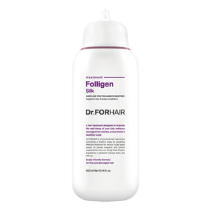  DR.FORHAIR Folligen Silk Treatment botella en primer plano, empaque elegante y cuidado suave para el cabello