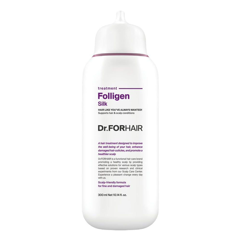  DR.FORHAIR Folligen Silk Treatment botella en primer plano, empaque elegante y cuidado suave para el cabello