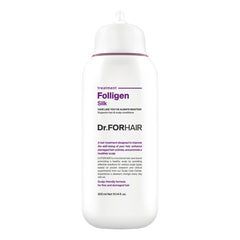  DR.FORHAIR Folligen Silk Treatment botella en primer plano, empaque elegante y cuidado suave para el cabello