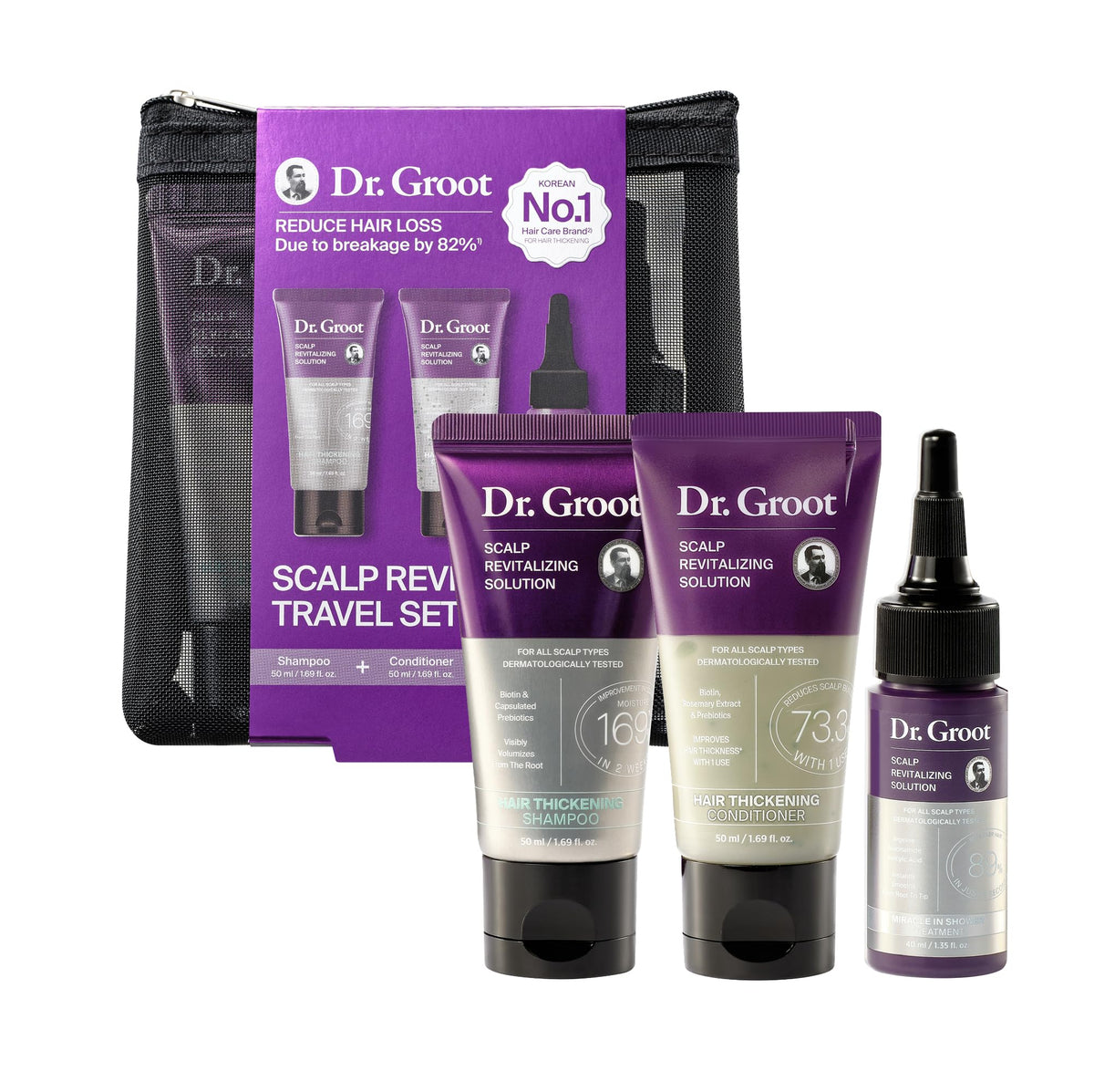 Dr. Groot Travel Set: botella de champú para cabello suave en viaje.