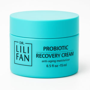 Crema probiótica de recuperación Dr Lili Fan, bote, hidratación profunda para piel suave.