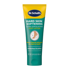Dr. Scholl's Lotion Pies Ultra Exfoliante, frente del envase, hidratación suave para pies ásperos.
