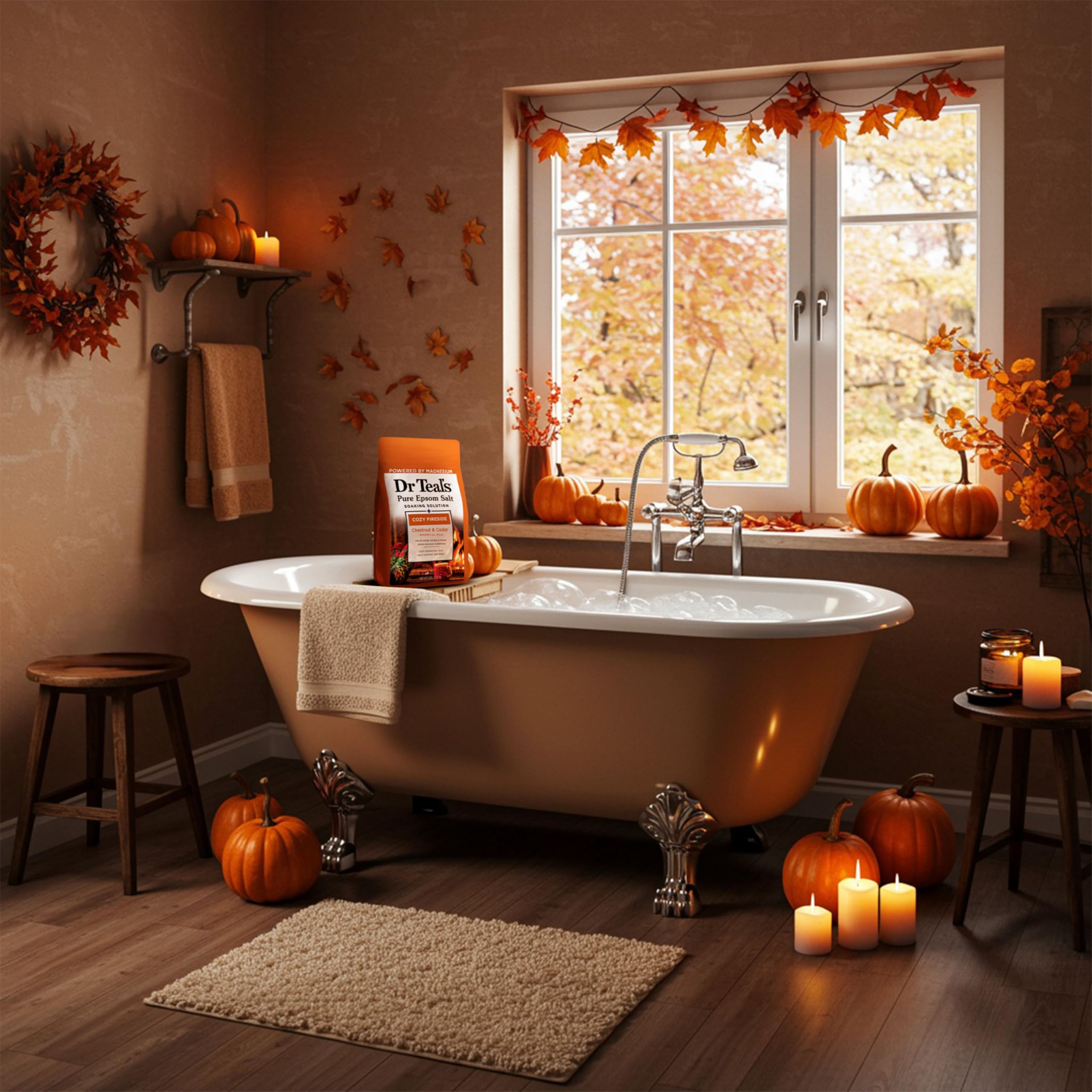 Ambiente de baño con fuego suave gracias a los aceites de Dr Teal's.