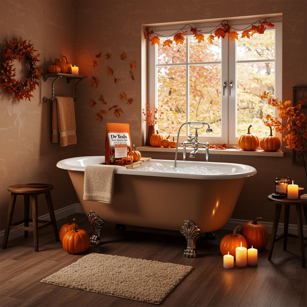 Ambiente de baño con fuego suave gracias a los aceites de Dr Teal's.