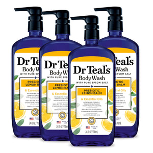 Dr Teal's Lemon Balm body wash bottle for gentle cleansing and skin hydration.