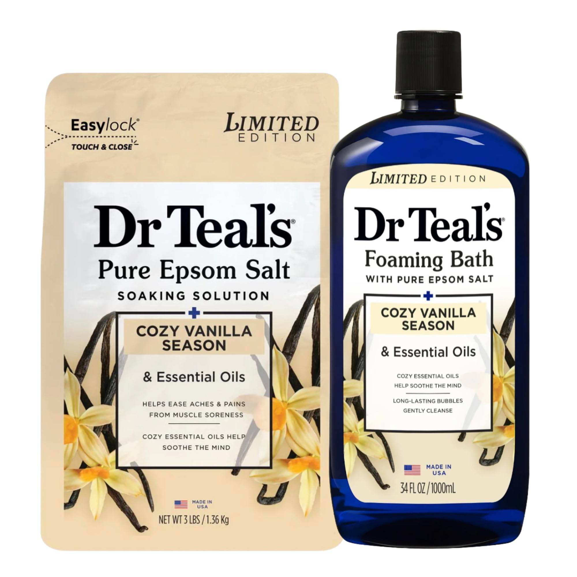 Dr Teal's Cozy Vanilla Season sal epsom pura, vertido suave para relajar músculos