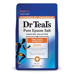 Dr Teal's Sal de Epsom frente al envase, promesa de relajación y cuidado muscular