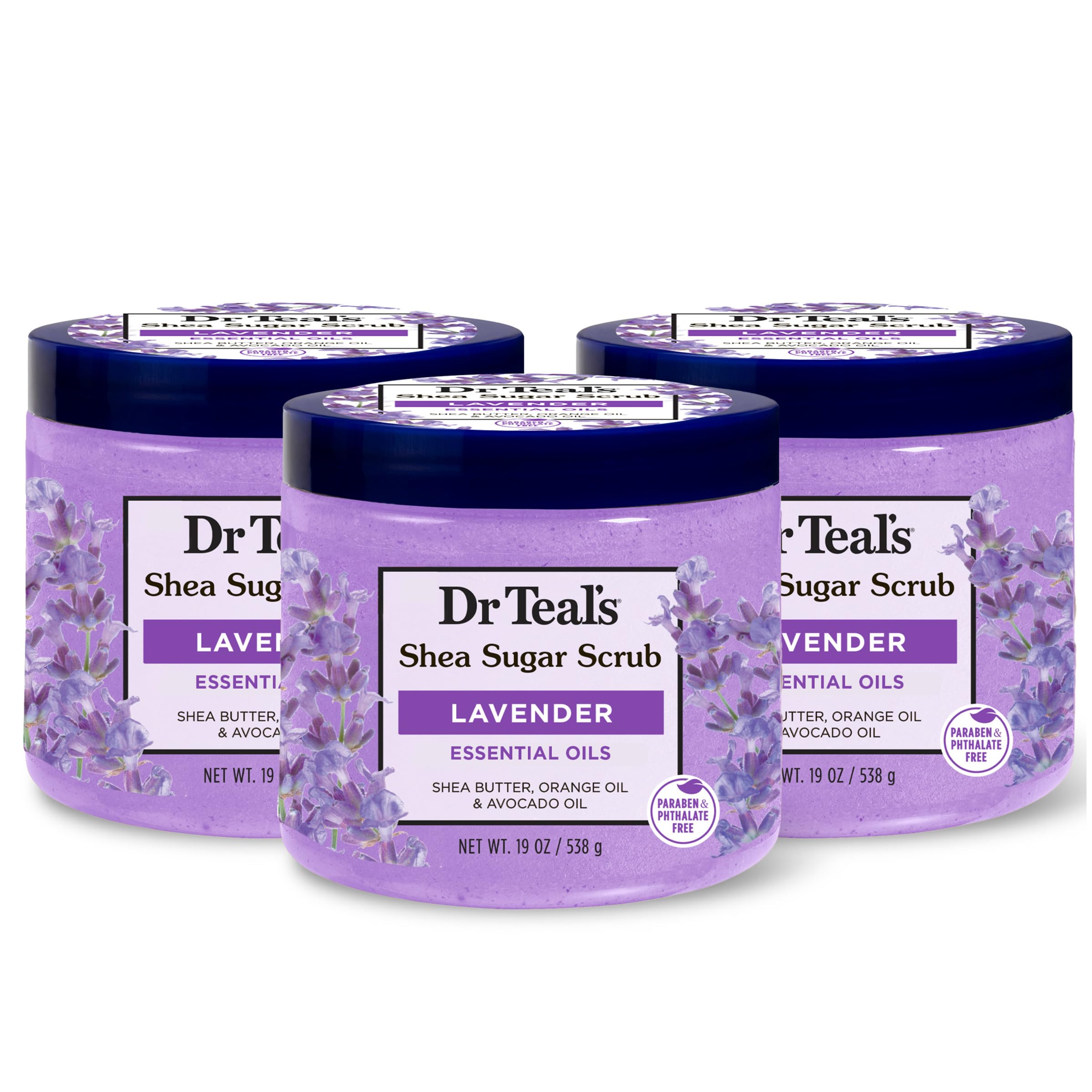 Dr Teal's Shea Sugar Scrub lavanda, empaque visible y hidratación para la piel.