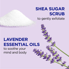 Dr Teal's Shea Sugar Scrub textura de gránulos de lavanda para exfoliar suavemente.