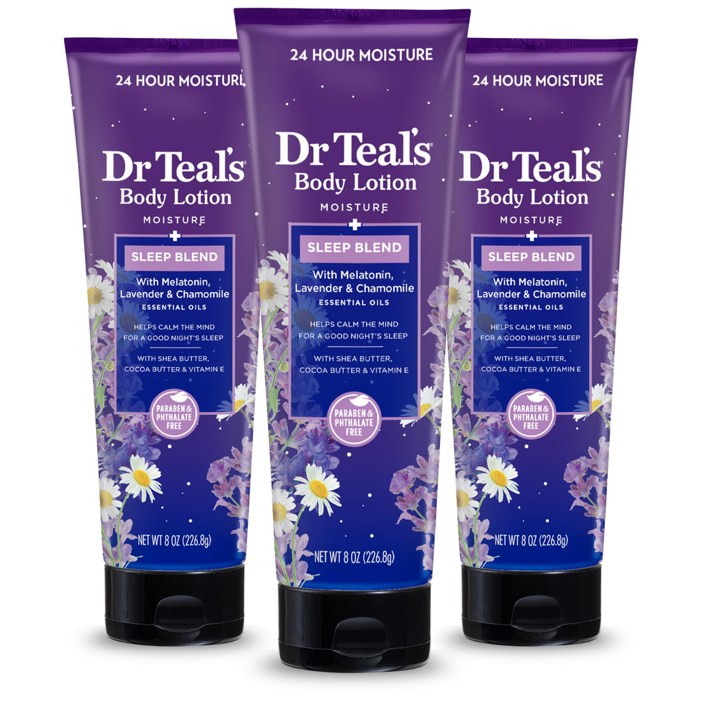 Dr Teal's Sleep Body Lotion muestra la botella, ideal para la rutina nocturna suave.