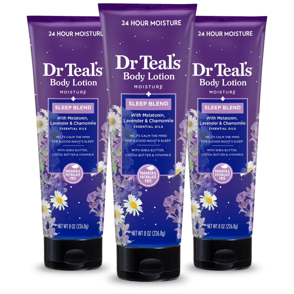 Dr Teal's Sleep Body Lotion muestra la botella, ideal para la rutina nocturna suave.