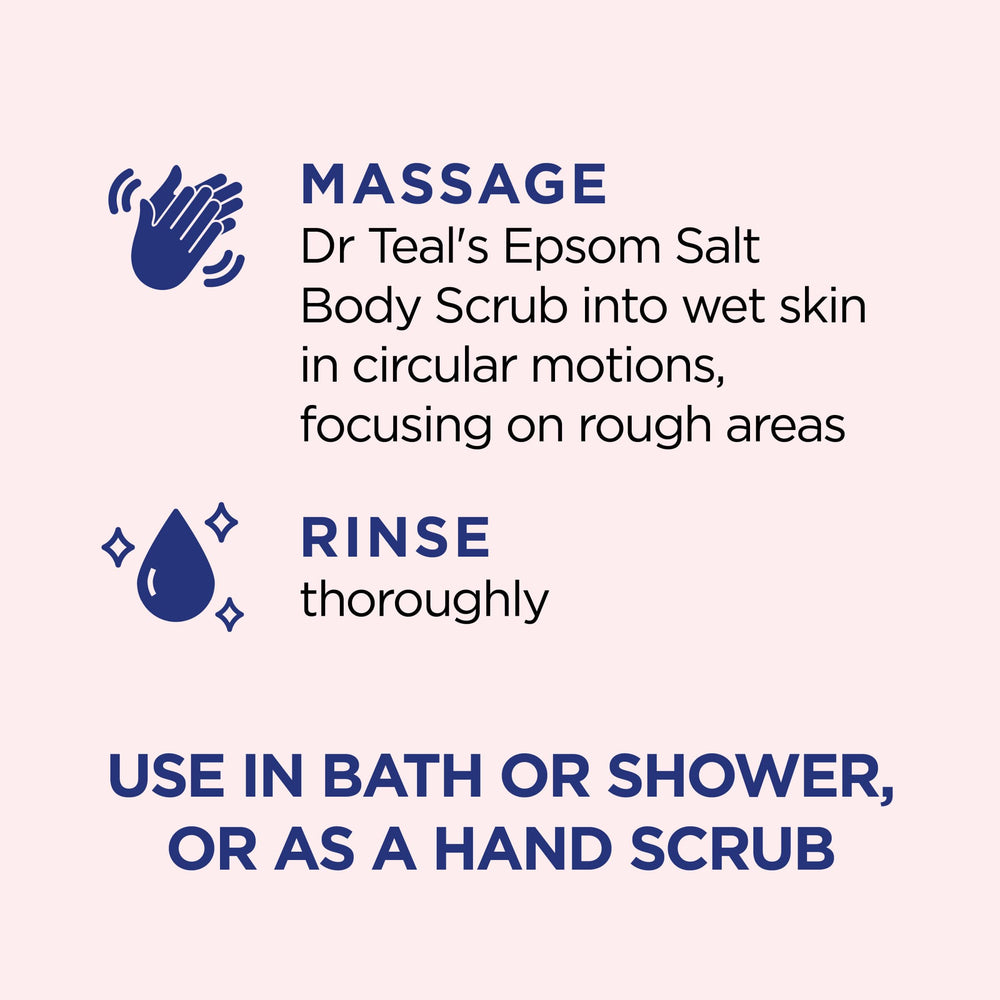 Dr Teal's textura de gránulos suaves ofrece exfoliación clara sin irritación.